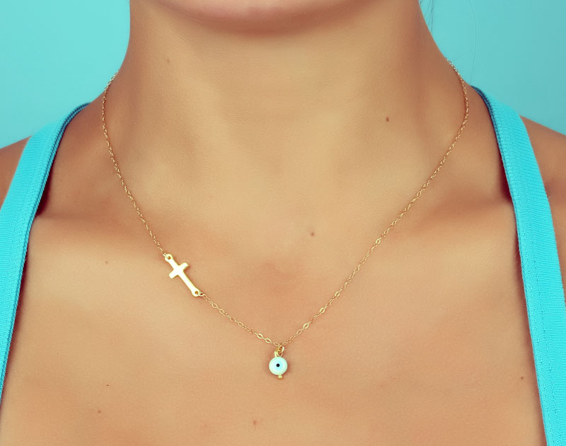 Gold cross chain necklace fashion with eye -14K solid -